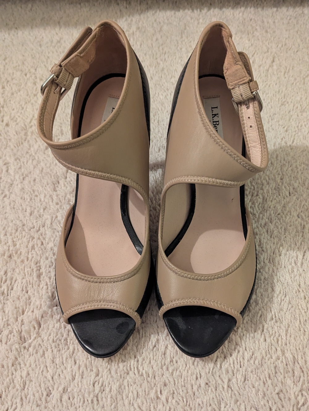 LK Bennett Beige and Black Leather Peep-Toe Wedges